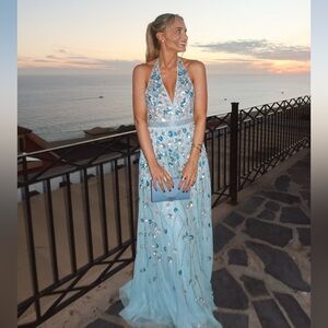 Mac Duggal Elegant Blue Floral Halter Dress